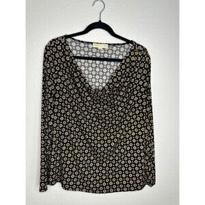 Michael Kors Shirt Womens XL Black Gold Long Sleeve Cowl Neck Button Accents
